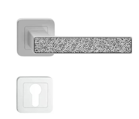 Manere - Maner usa de interior, DECO, nichel mat cu cristale albe, cu rozeta cilindru/butuc