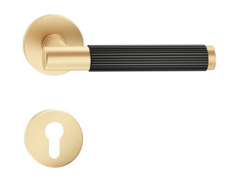 Manere - Maner usa de interior, TIME LINEAR, auriu satin / negru, cu rozeta cilindru/butuc