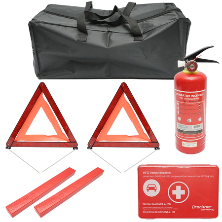 Kit siguranta auto, pachet legislativ obligatoriu de prim ajutor, trusa medicala, stingator, 2 triunghiuri Breckner Germany [1]