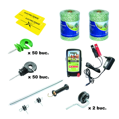 Gard Electric - Kit complet gard electric 12/220V, 1.8 Joule, lungime fir 2x500m, 100 izolatori, maner, poarta si 2 placute avertizare Breckner Germany