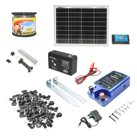 Gard Electric - Kit complet gard electric 12/220V, 3 Joule cu panou solar 20W, lungime sarma 1000m, 100 izolatori, kit poarta si baterie 12V/17Ah Breckner Germany