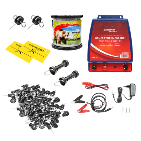 Gard Electric - Kit complet gard electric 12/220V, 4.8 Joule lungime fir 1000m, 100 izolatori si placute avertizare Breckner Germany