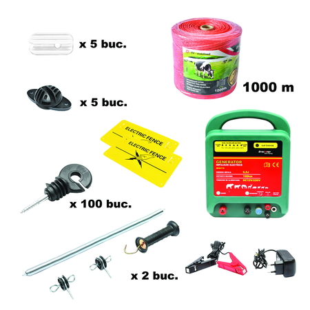 Gard Electric - Kit complet gard electric 12/220V, 6.5 Joule, lungime fir 1000m, 100 izolatori, maner, poarta si 2 placute avertizare Breckner Germany
