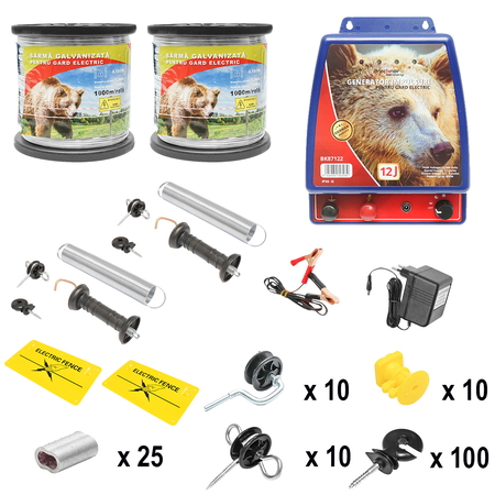 Gard Electric - Kit complet gard electric 12/220V, 9.4 Joule lungime sarma 2000m, 100 izolatori si placute avertizare Britmann