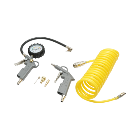 Vulcanizare - Set 6 piese aer comprimat cu furtun spiralat 5m, pistol umflat, suflat aer, ac mingi si adaptoare