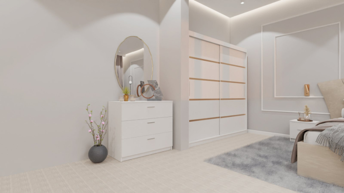 Dormitor Lucas cu Pat Tapitat Stofa Bej cu dulap 200*200 usi glisante Alb , noptiere si comoda [7]