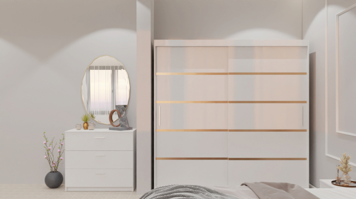 Dormitor Lucas cu Pat Tapitat Stofa Gri cu dulap 200*200 usi glisante Alb , noptiere si comoda [4]