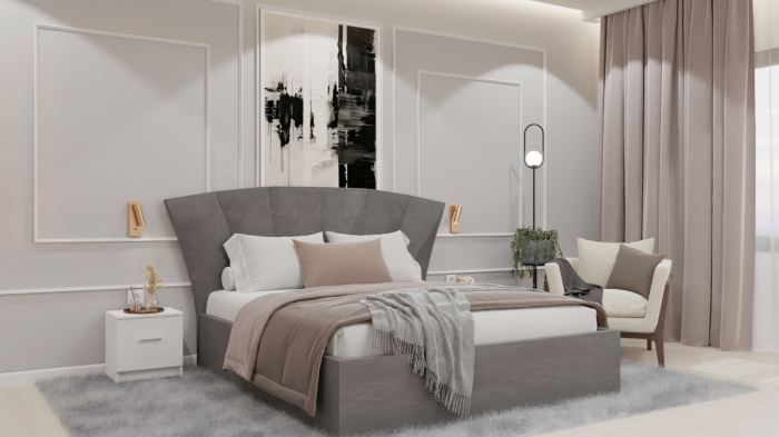 Dormitor Lucas cu Pat Tapitat Stofa Gri cu dulap 200*200 usi glisante Alb , noptiere si comoda [3]