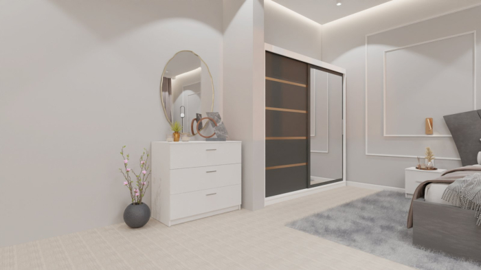 Dormitor Lucas cu Pat Tapitat Stofa Gri cu dulap 200*200 usi glisante Antracit&Alb cu oglinda , noptiere si comoda [8]