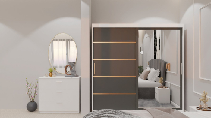 Dormitor Lucas cu Pat Tapitat Stofa Gri cu dulap 200*200 usi glisante Antracit&Alb cu oglinda , noptiere si comoda [9]