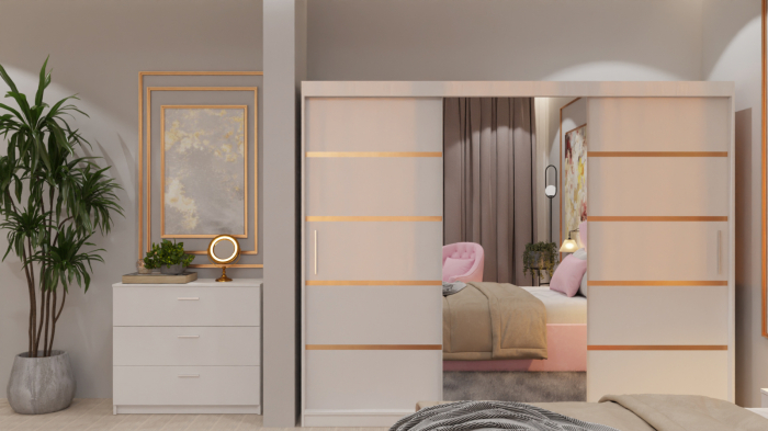 Dormitor Lucas cu Pat Tapitat Stofa Roz cu dulap 250*200 usi glisante Alb cu Oglinda, noptiere si comoda [4]