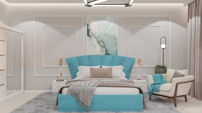 Dormitor Lucas cu Pat Tapitat Stofa Turcoaz cu dulap 200*200 usi glisante Alb cu oglinda , noptiere si comoda [6]