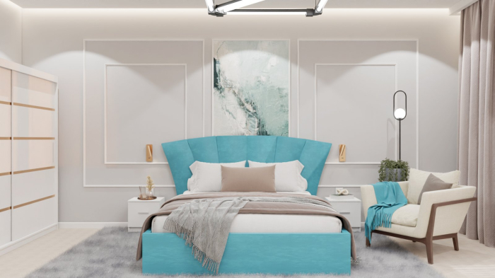 Dormitor Lucas cu Pat Tapitat Stofa Turcoaz cu dulap 200*200 usi glisante Alb , noptiere si comoda [6]