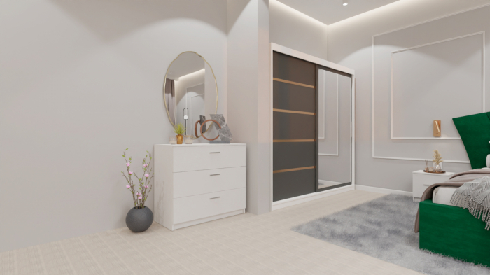 Dormitor Lucas cu Pat Tapitat Stofa Verde cu dulap 200*200 usi glisante Antracit&Alb cu oglinda , noptiere si comoda [2]