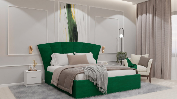 Dormitor Lucas cu Pat Tapitat Stofa Verde cu dulap 200*200 usi glisante Antracit&Alb cu oglinda , noptiere si comoda [8]