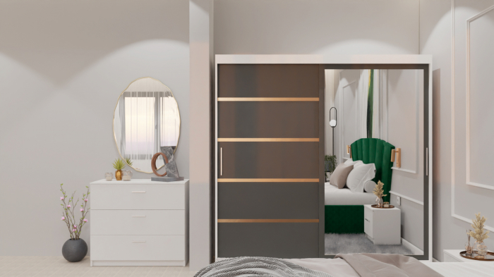 Dormitor Lucas cu Pat Tapitat Stofa Verde cu dulap 200*200 usi glisante Antracit&Alb cu oglinda , noptiere si comoda [4]