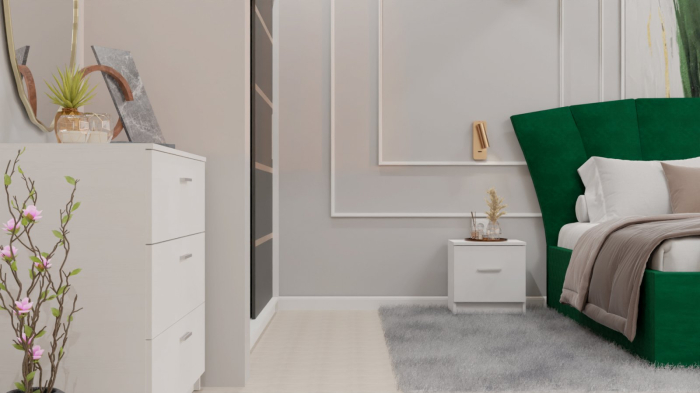 Dormitor Lucas cu Pat Tapitat Stofa Verde cu dulap 200*200 usi glisante Antracit&Alb , noptiere si comoda [10]