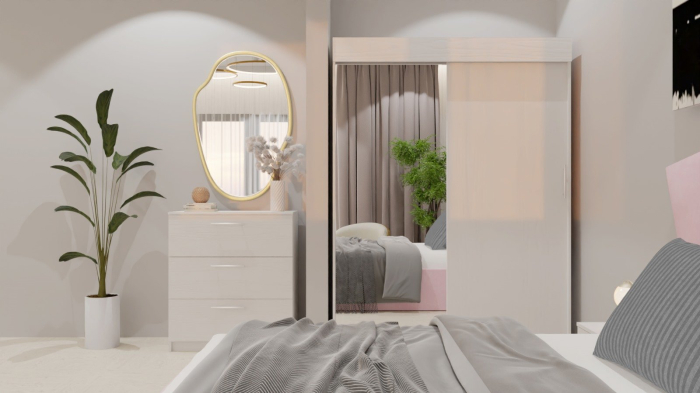 Dormitor Lucas Tapitat Roz 2 Usi Alb cu Oglinda [8]