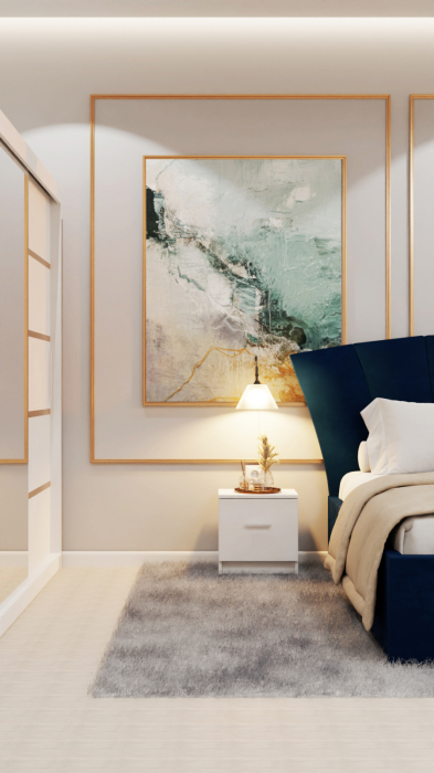 Dormitor Lucas Tapitat Stofa Albastru cu dulap 250*200 usi glisante Alb cu Oglinda, noptiere si comoda [5]