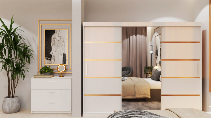 Dormitor Lucas Tapitat Stofa Gri cu dulap 250*200 usi glisante Alb cu Oglinda, noptiere si comoda [4]