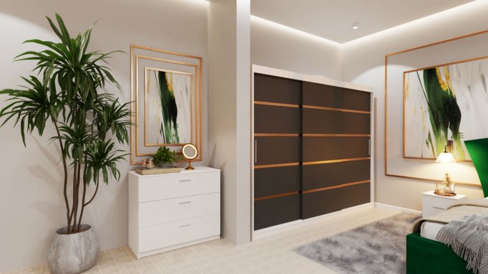 Dormitor Lucas Tapitat Stofa Verde cu dulap 250*200 usi glisante Alb&Antracit, noptiere si comoda [3]