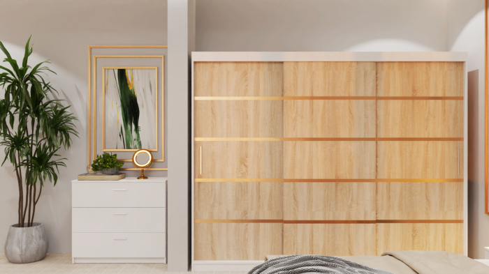 Dormitor Lucas Tapitat Stofa Verde cu dulap 250*200 usi glisante Alb&Sonoma, noptiere si comoda [4]