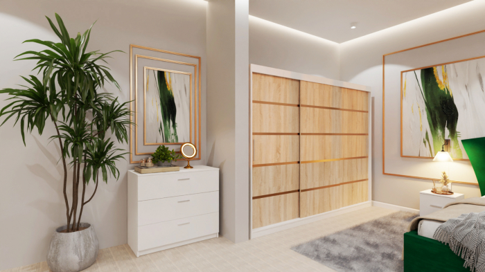 Dormitor Lucas Tapitat Stofa Verde cu dulap 250*200 usi glisante Alb&Sonoma, noptiere si comoda [2]