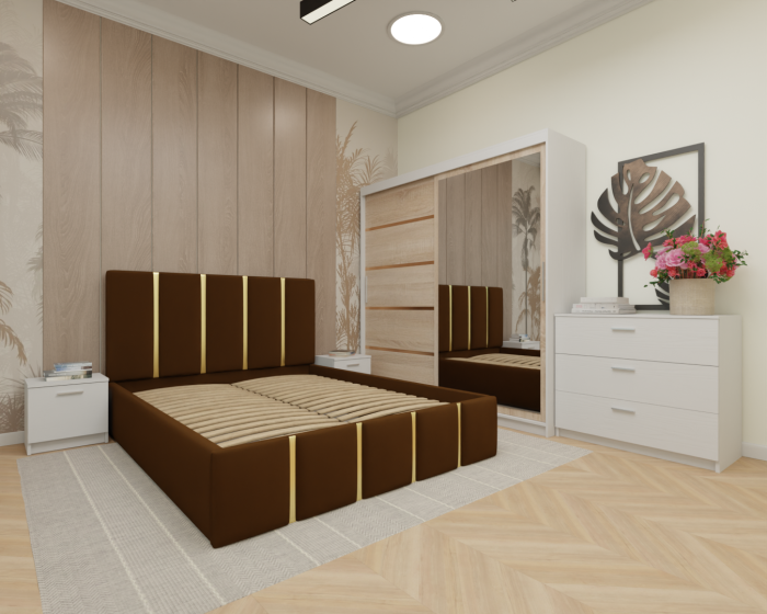 Dormitor MILANO Tapitat, 200X200 Alb&Sonoma cu oglinda, Somiera Rabatabila [2]