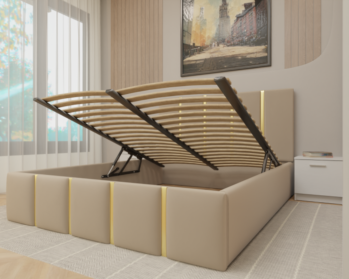 Dormitor MILANO Tapitat, 250X200 Alb cu oglinda, Somiera Rabatabila [3]