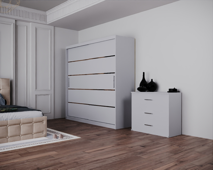 Dormitor Regal cu Pat Tapitat Stofa Bej cu dulap 200*200 usi glisante Alb, noptiere si comoda [5]