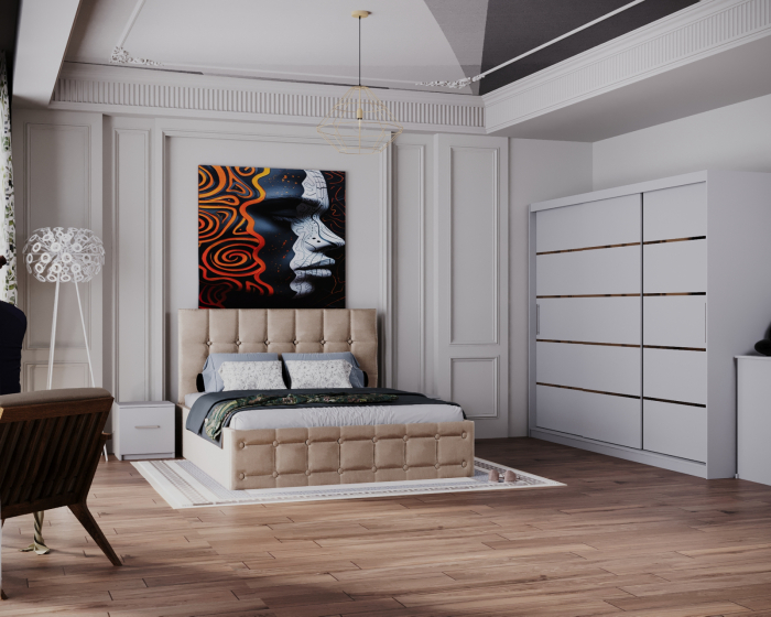 Dormitor Regal cu Pat Tapitat Stofa Bej cu dulap 250*200 usi glisante Alb, noptiere si comoda [2]