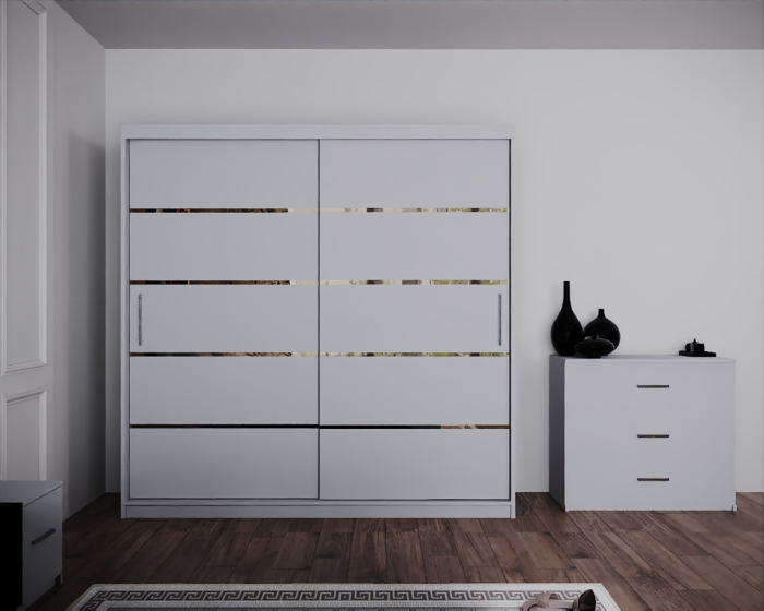 Dormitor Regal cu Pat Tapitat Stofa Turcoaz cu dulap 200*200 usi glisante Alb, noptiere si comoda [3]