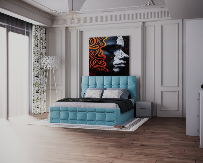 Dormitor Regal cu Pat Tapitat Stofa Turquaz cu dulap 250*200 usi glisante Alb, noptiere si comoda [4]