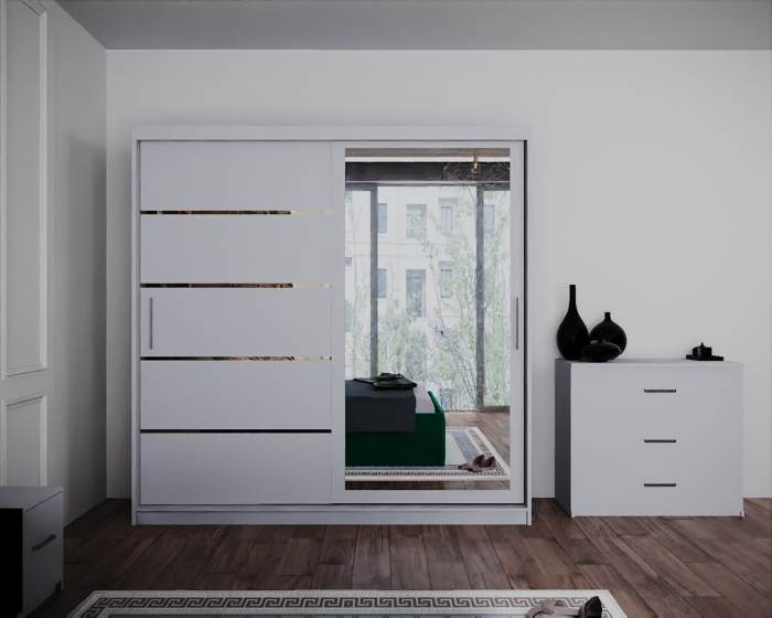 Dormitor Regal cu Pat Tapitat Stofa Verde cu dulap 200*200 usi glisante Alb cu Oglinda, noptiere si comoda [3]