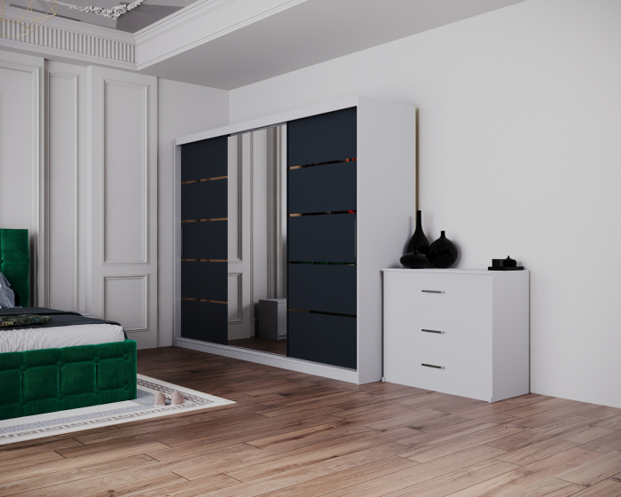 Dormitor Regal cu Pat Tapitat Stofa Verde cu dulap 250*200 usi glisante Alb&Antracit cu Oglinda, noptiere si comoda [5]