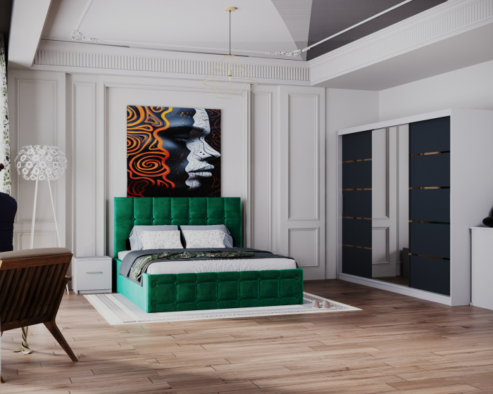 Dormitor Regal cu Pat Tapitat Stofa Verde cu dulap 250*200 usi glisante Alb&Antracit cu Oglinda, noptiere si comoda [2]