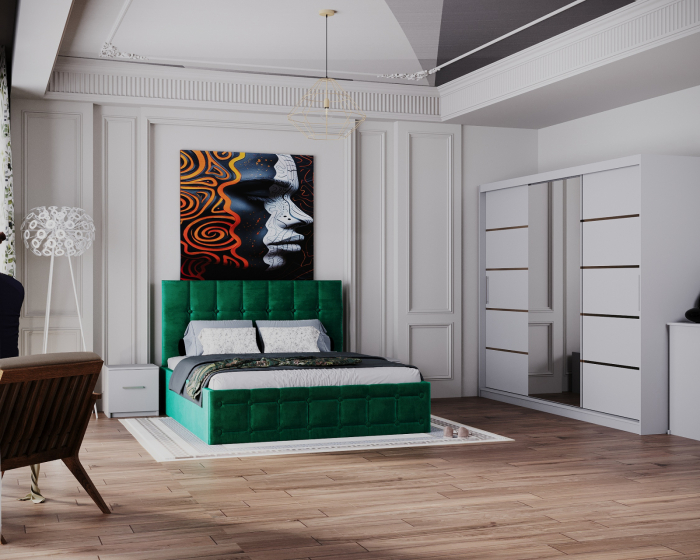 Dormitor Regal cu Pat Tapitat Stofa Verde cu dulap 250*200 usi glisante Alb cu Oglinda, noptiere si comoda [2]