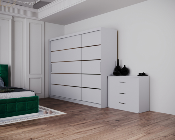 Dormitor Regal cu Pat Tapitat Stofa Verde cu dulap 250*200 usi glisante Alb, noptiere si comoda [3]