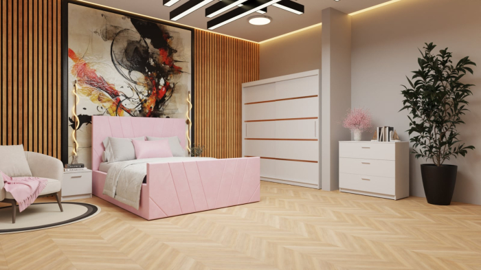 Dormitor Tony Tapitat 160x 200  Stofa Roz cu dulap 200*200 usi glisante Alb, noptiere si comoda [3]