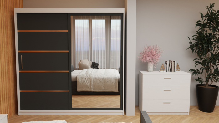 Dormitor Tony Tapitat Stofa Gri cu dulap 200*200 usi glisante Alb&Antracit cu Oglinda, noptiere si comoda [2]