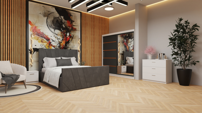 Dormitor Tony Tapitat Stofa Gri cu dulap 200*200 usi glisante Alb&Antracit cu Oglinda, noptiere si comoda [4]