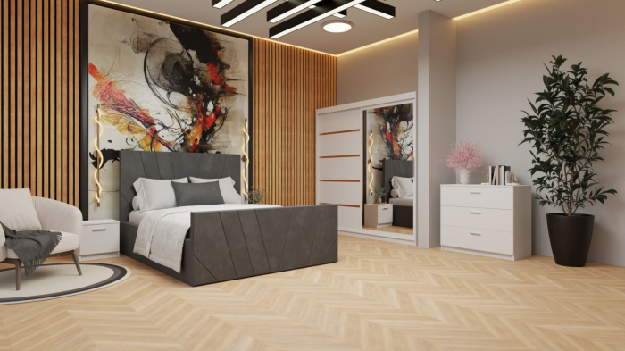 Dormitor Tony Tapitat Stofa Gri cu dulap 200*200 usi glisante Alb cu Oglinda, noptiere si comoda [3]