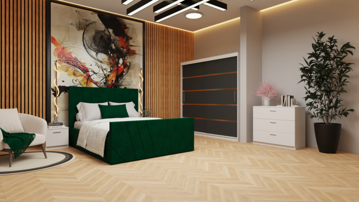 Dormitor Tony Tapitat Stofa Verde cu dulap 200*200 usi glisante Alb&Antracit cu, noptiere si comoda [2]