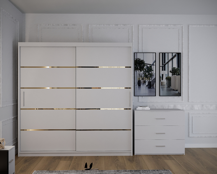 Dormitor Vista cu Pat Tapitat Alb cu dulap 200*200 usi glisante Alb, noptiere si comoda [4]