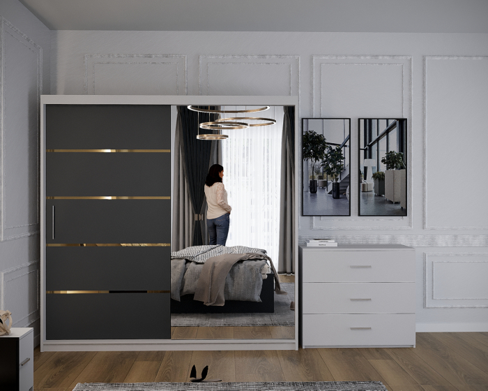 Dormitor Vista cu Pat Tapitat Antracit&Alb cu dulap 200*200 usi glisante AntracitAlb cu Oglinda, noptiere si comoda [3]