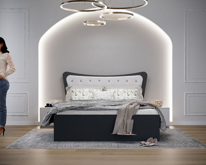 Dormitor Vista cu Pat Tapitat Antracit&Alb cu dulap 200*200 usi glisante AntracitAlb cu Oglinda, noptiere si comoda [2]