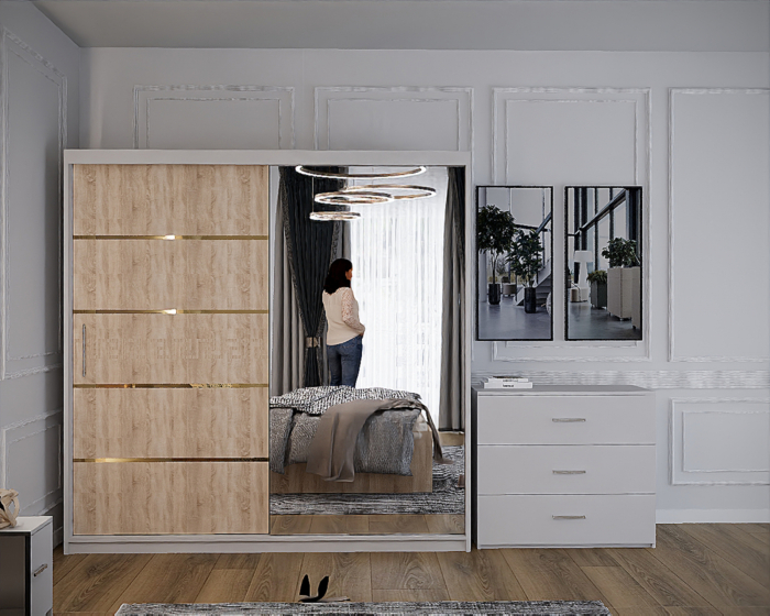 Dormitor Vista cu Pat Tapitat Sonoma&Alb cu dulap 200*200 usi glisante Sonoma&Alb cu Oglinda, noptiere si comoda [3]