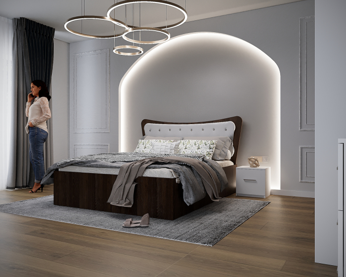 Dormitor Vista cu Pat Tapitat Wenge&Alb cu dulap 200*200 usi glisante Wenge&Alb cu Oglinda, noptiere si comoda [4]