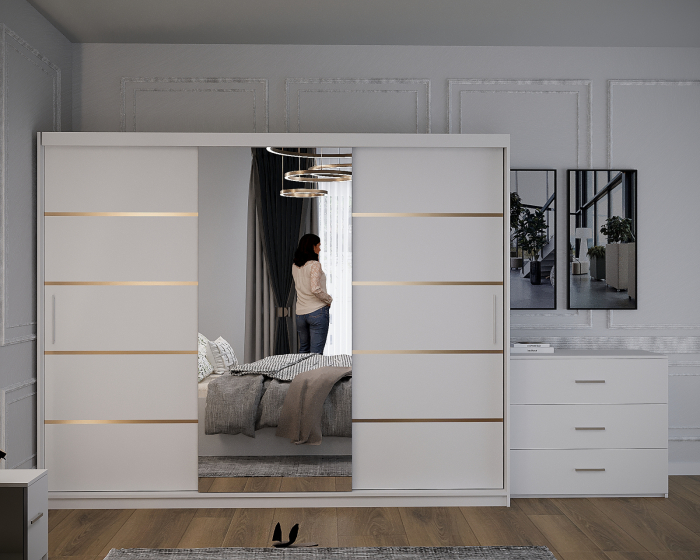 Dormitor Vista Tapitat Alb Dressing 3 usi cu Oglinda 250x200 [3]