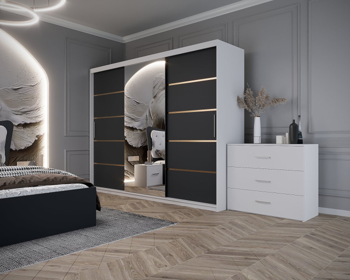 Dormitor Vista Tapitat Alb&Gri Antracit Dressing 3 usi cu Oglinda 250x200 [6]